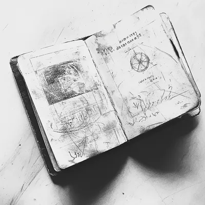 black and white vine charcoal sketch of a piece of passport, simple shapes