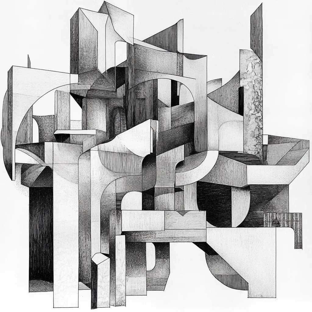 MC Esher style, idea architect, abstract, Architecture drawing style, black and white only