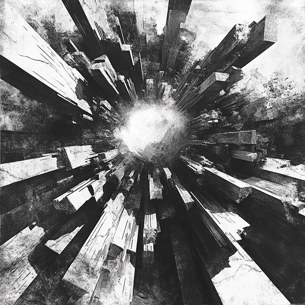MC Esher style, isolated explosion in the center, organic, abstract, Architecture drawing style, black and white only