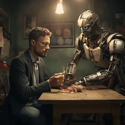 man giving money to robot jesus --s 250