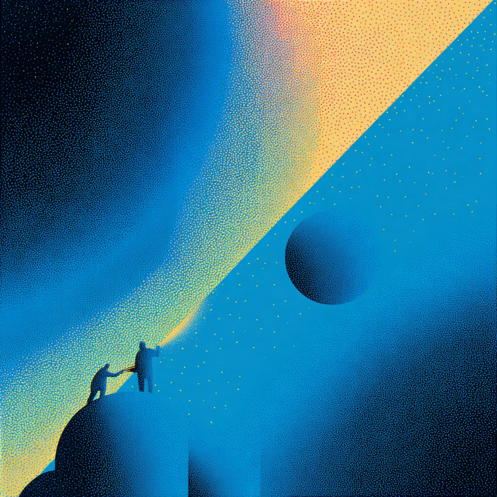 https://s.mj.run/EOWtC1-ZySo airy halftone gradients, dithering, abstract, open negative space, people working together