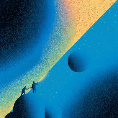 https://s.mj.run/EOWtC1-ZySo airy halftone gradients, dithering, abstract, open negative space, people working together