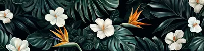 dark and tropical wallpaper with white flowers, bird of paradise, California poppies, monstera leaves --ar 4:1