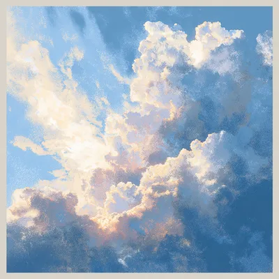 Radiant dawn abstract skyscape in soft halftone and heavy dithered texture, layered clouds glowing with cream light over