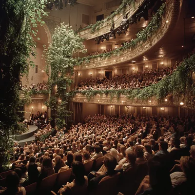 A fully packed theater with every seat occupied by an engaged, diverse audience. The classic plush seating is subtly ble
