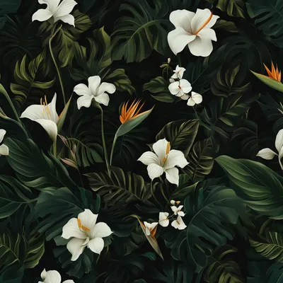 dark and tropical wallpaper with white flowers, bird of paradise, California poppies, monstera leaves