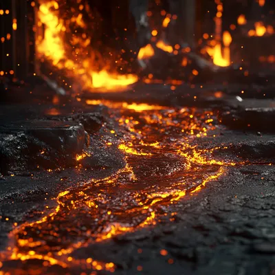 A cinematic and industrial molten fire scene with glowing, molten lead cascading in streams, creating the impression of