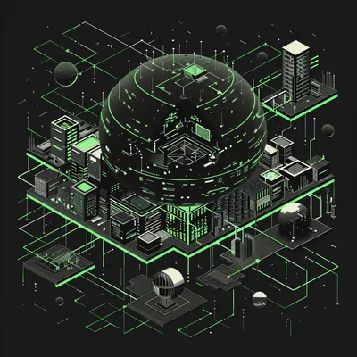 simple black-and-white-and-green illustration, Death Star architecture metaphor, vast sprawling interconnected microserv