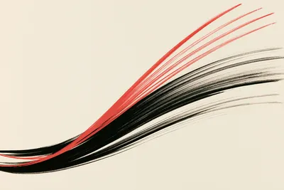 an elegant high-energy abstract systems illustration on white: a bold black ink current and a vermilion-red current begi