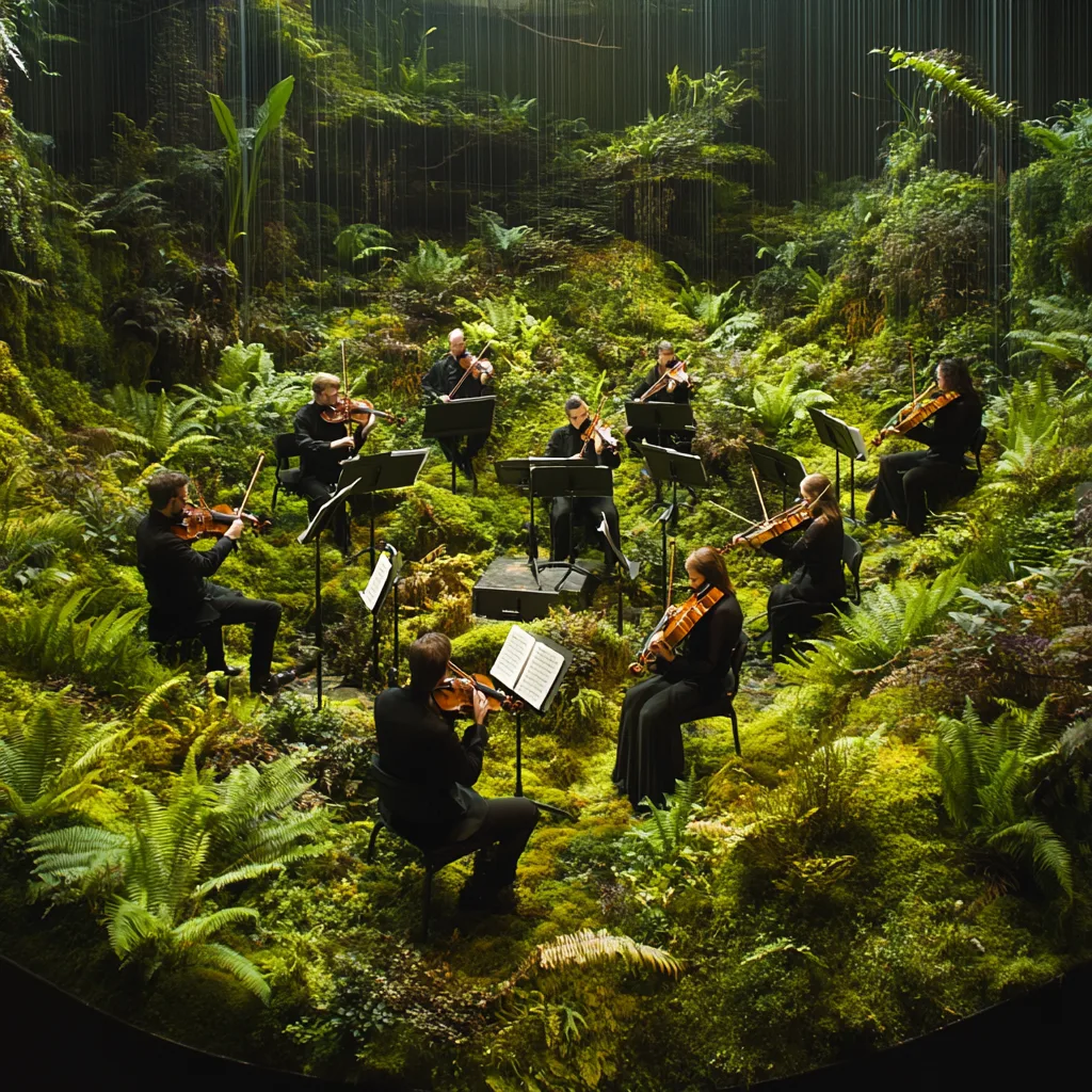 A fully equipped orchestra pit where musicians perform amid a lush, organic environment. The edges of the pit are lined
