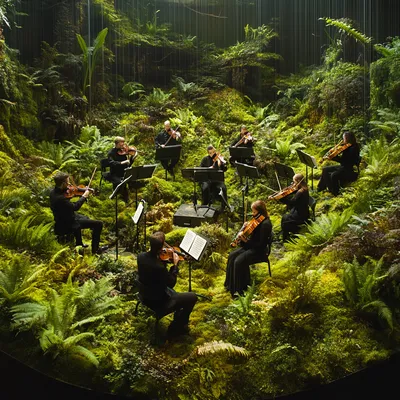 A fully equipped orchestra pit where musicians perform amid a lush, organic environment. The edges of the pit are lined 