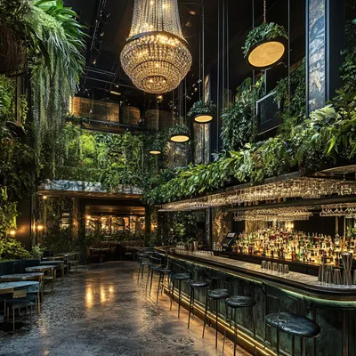 A stylish theater bar with a fusion of classic Art Deco and lush greenery. Patrons sip cocktails while surrounded by han
