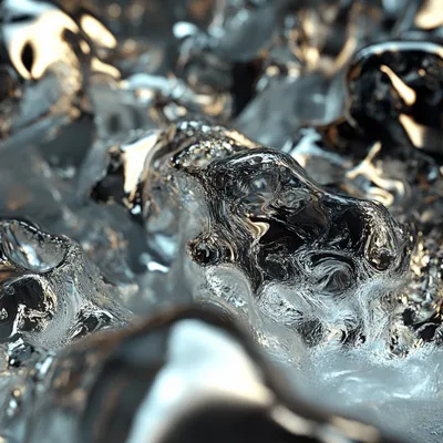 Ice cold hyper-realistic close-up of blobs of metal. The material appears bulbus, with intricate details of light refrac
