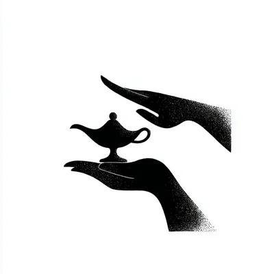 giant hand rubbing a genie lamp, minimalist black and white editorial illustration, bold flat silhouettes, high-contrast