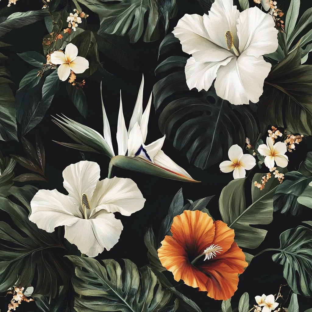 dark and tropical wallpaper with white flowers, bird of paradise, California poppies, monstera leaves
