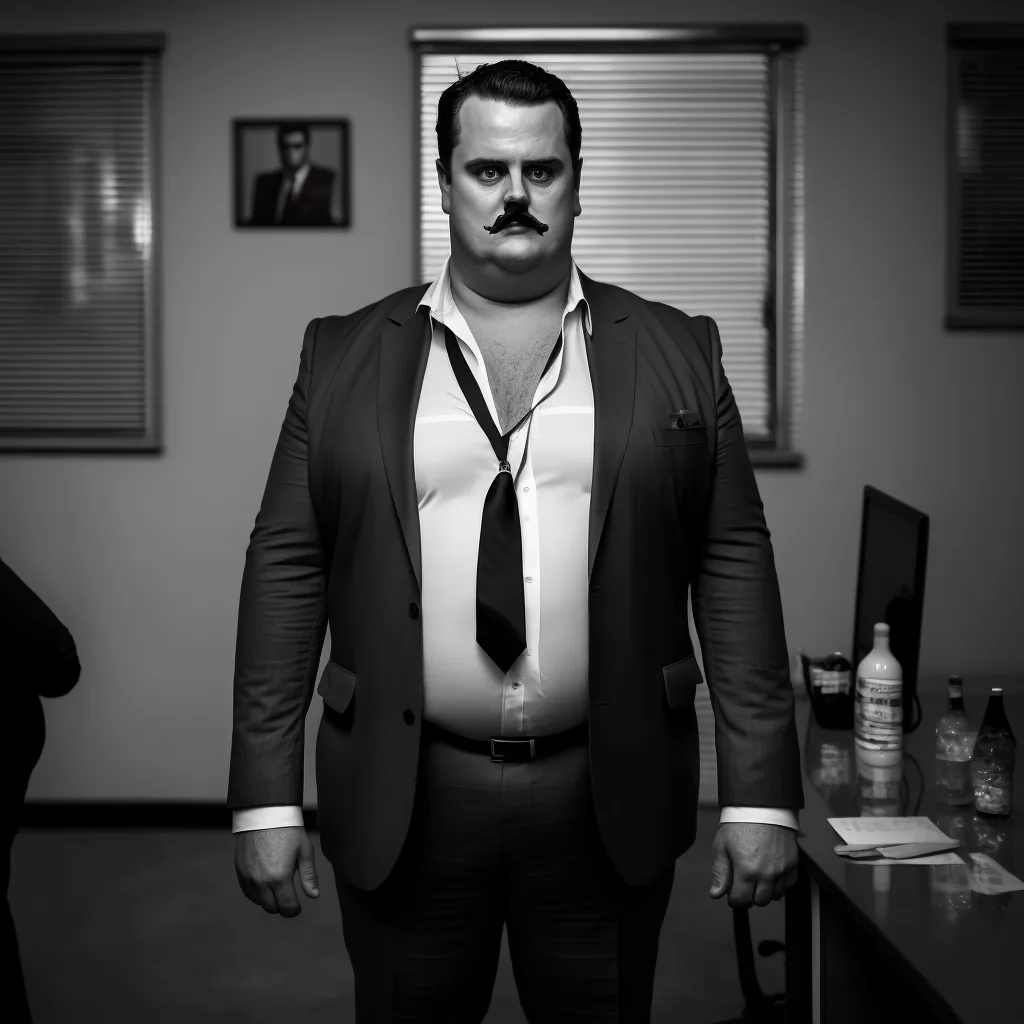 https://s.mj.run/HZ7ZUPpdXqE overweight, mofia boss, black and white photo, evil, --v 4