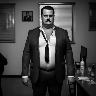 https://s.mj.run/HZ7ZUPpdXqE overweight, mofia boss, black and white photo, evil, --v 4