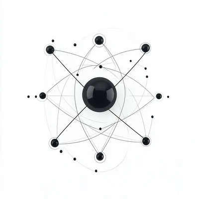 Minimalist black and white technical diagram of a single electron, close-up conceptual view, orbiting motion lines, atom
