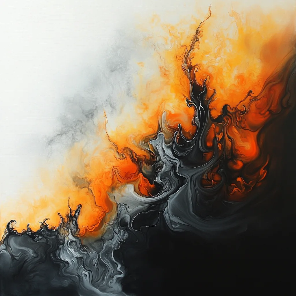 Dynamic forms of smoky tendrils and fiery orange-yellow bursts, evoking the energy and chaos of fire. The background is