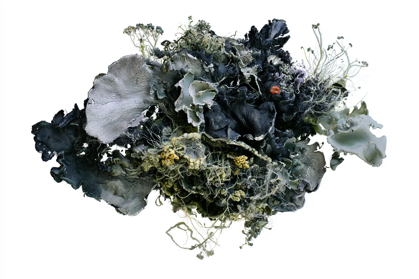 an abstract botanical specimen of moss and lichen, a low dense organic colony spreading laterally rather than growing as