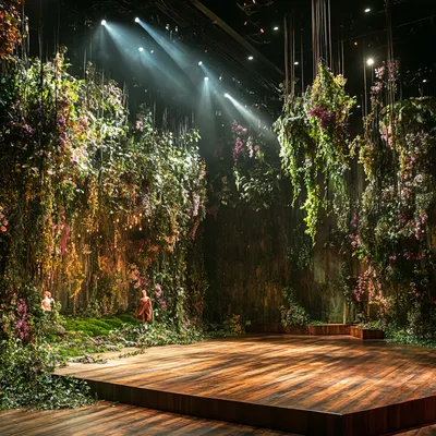 A grand theater stage transformed into a lush, botanical masterpiece. The wooden stage floor is lined with creeping ivy 