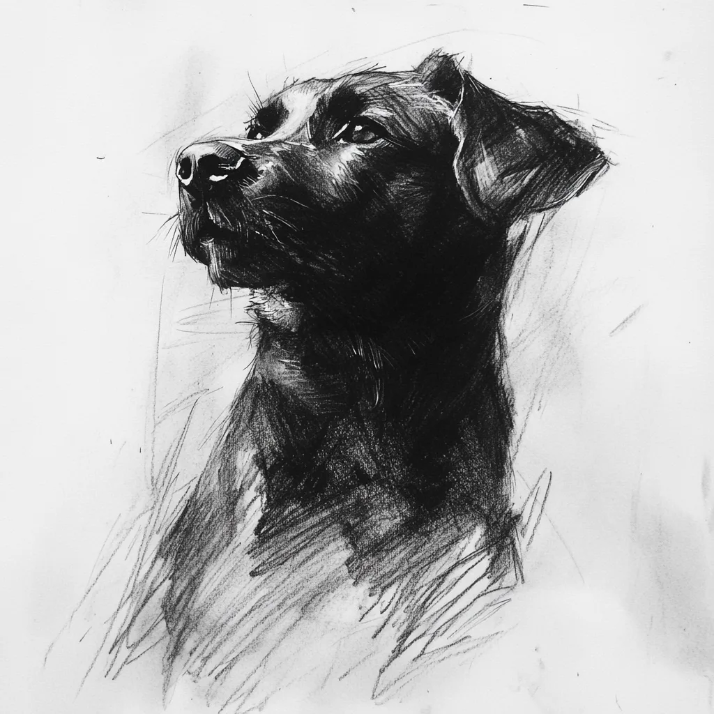 black and white vine charcoal sketch of a dog, simple shapes