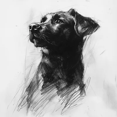 black and white vine charcoal sketch of a dog, simple shapes
