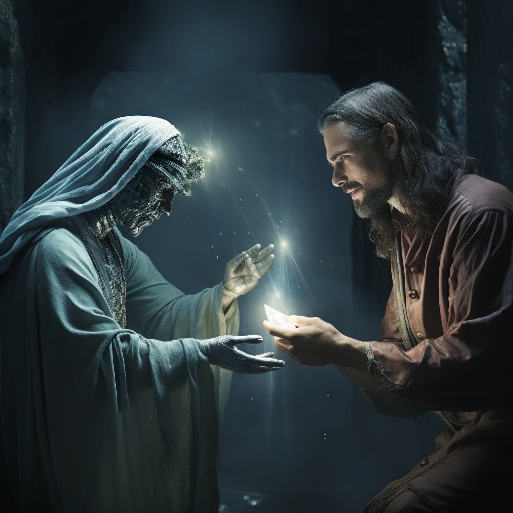 man giving money to robot jesus --s 250