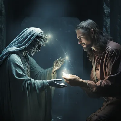 man giving money to robot jesus --s 250