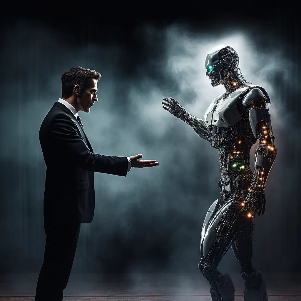 an image of a digital, ghost-like Hollywood actor, being manipulated by a robotic hand, standing on a stage that is spli