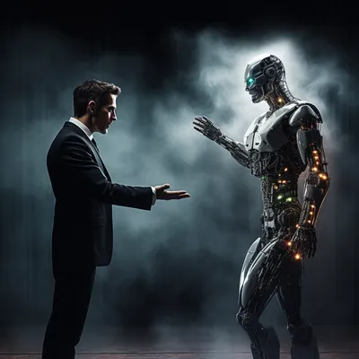 an image of a digital, ghost-like Hollywood actor, being manipulated by a robotic hand, standing on a stage that is spli