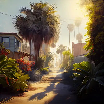 good morning, venice california, sunshine, beach, lush garden, hyper realistic --upbeta