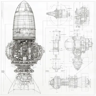 Highly detailed black and white architectural technical drawing of the Saturn V F-1 rocket engine from the Apollo progra