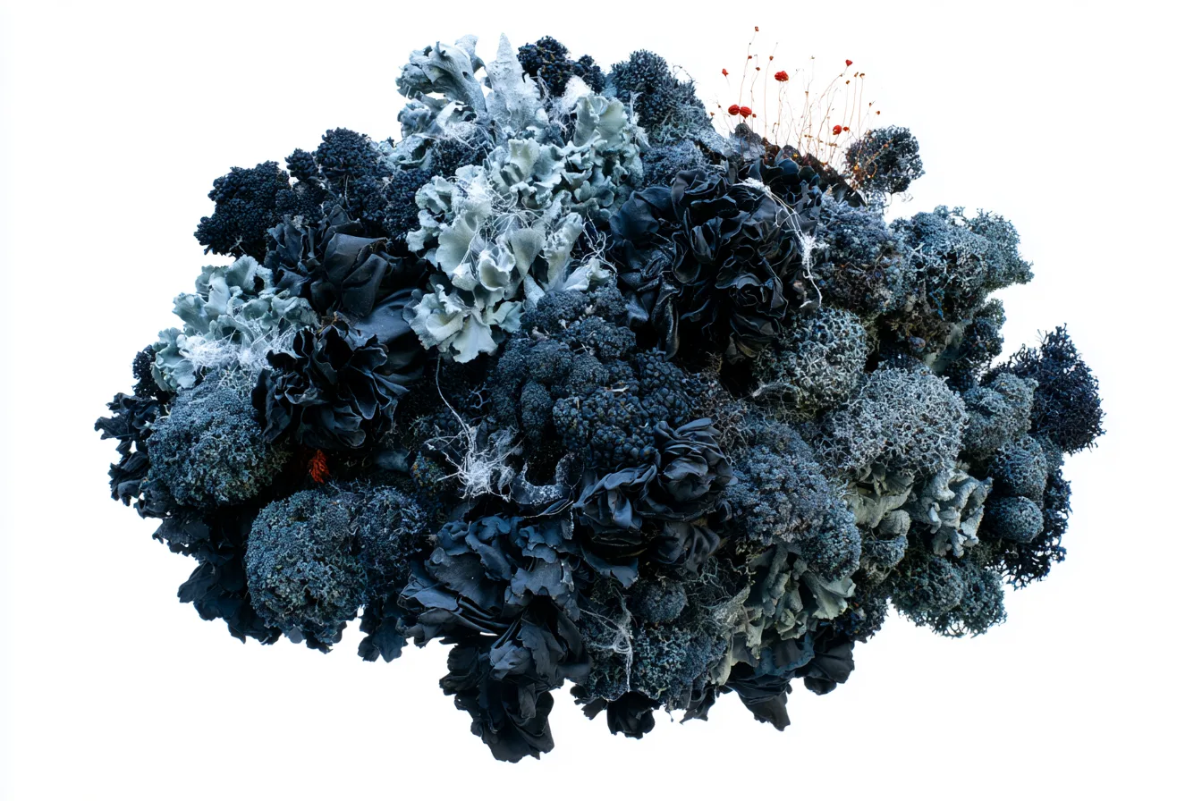 the same dense floating moss-and-lichen colony as the reference, transformed into winter dormancy: tightly closed compac