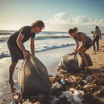 surfers picking up trash at beach, optimistic --upbeta