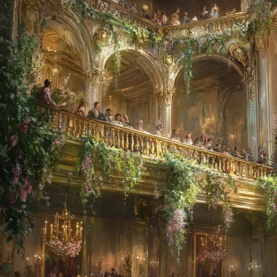 Elegant theater balconies, each with patrons immersed in the show, their private spaces enhanced by delicate trailing vi