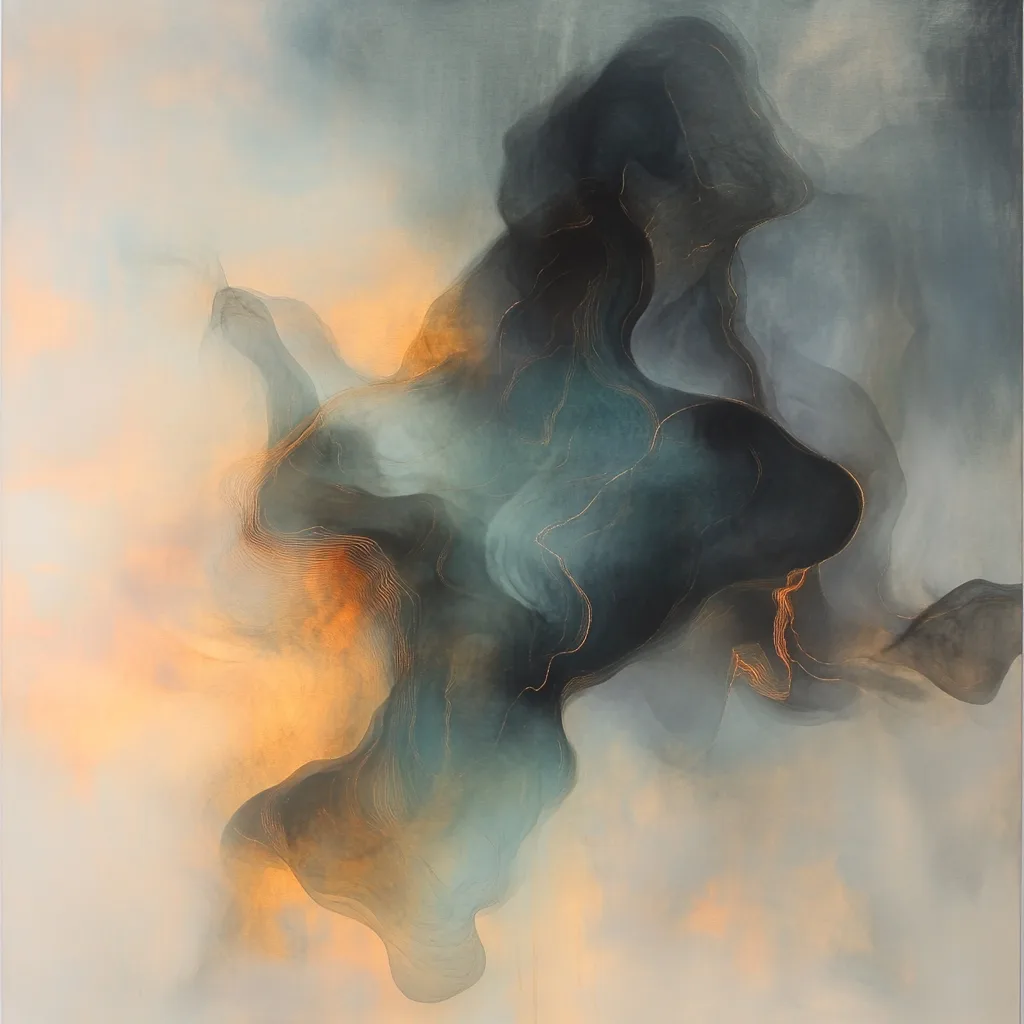 Completely abstract, floating form with dark, undefined contours and a swirling inner glow of soft blue, emerald, and go