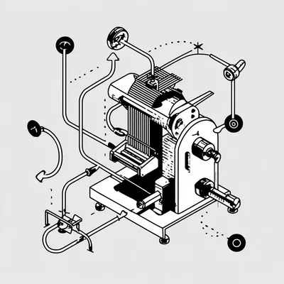 flat vector process diagram of a pasta extruder, black and white, arrows connecting steps, thin linework, simple backgro