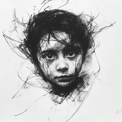 black and white vine charcoal sketch of a child, simple shapes