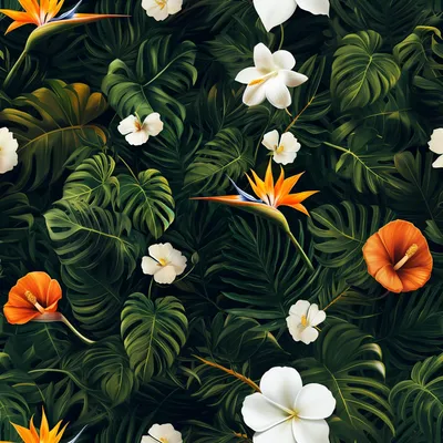 dark and tropical repeating pattern wallpaper, bird of paradise flower, white flowers, California poppy flowers, monster