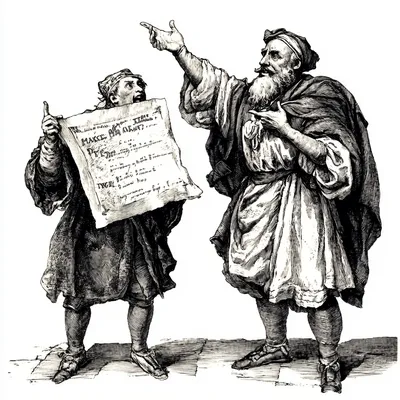 Two Renaissance figures depicted in a hard-point etching style, isolated with no background details. One character enthu