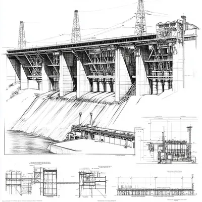 Highly detailed black and white architectural technical drawing of a large hydroelectric dam, blueprint style, orthograp