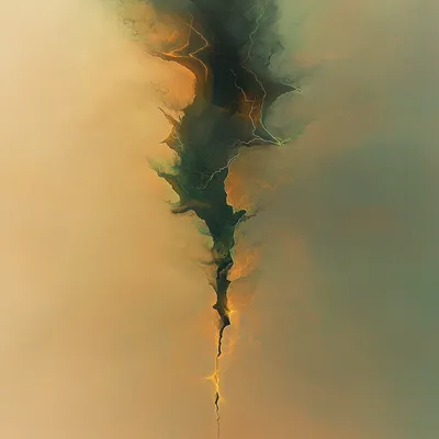 Abstract, ethereal form resembling a dark, cloud-like shape with lightning-like patterns of earthy green and amber energ