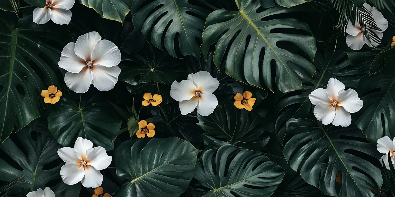 dark and tropical wallpaper with white flowers, bird of paradise, California poppy flowers, monstera leaves, darker cent
