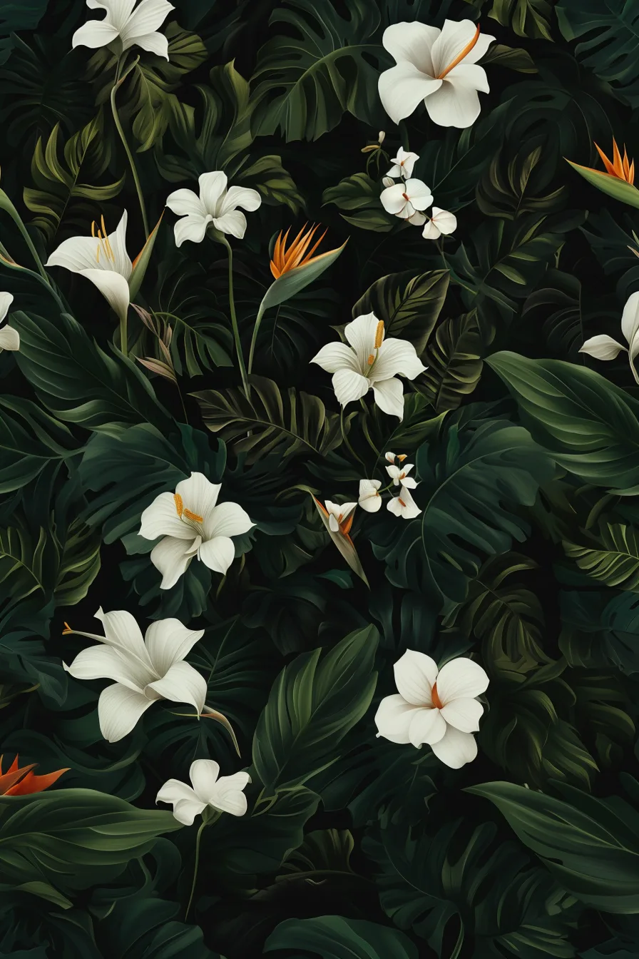 dark and tropical wallpaper with white flowers, bird of paradise, California poppies, monstera leaves --ar 2:3