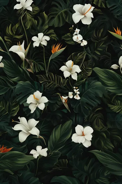 dark and tropical wallpaper with white flowers, bird of paradise, California poppies, monstera leaves --ar 2:3