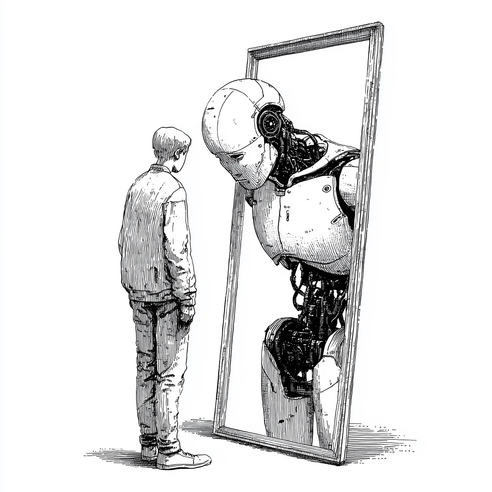 a mirror of a human looking at itself but the mirror reflection is a robot, minimal, minimalist black and white editoria