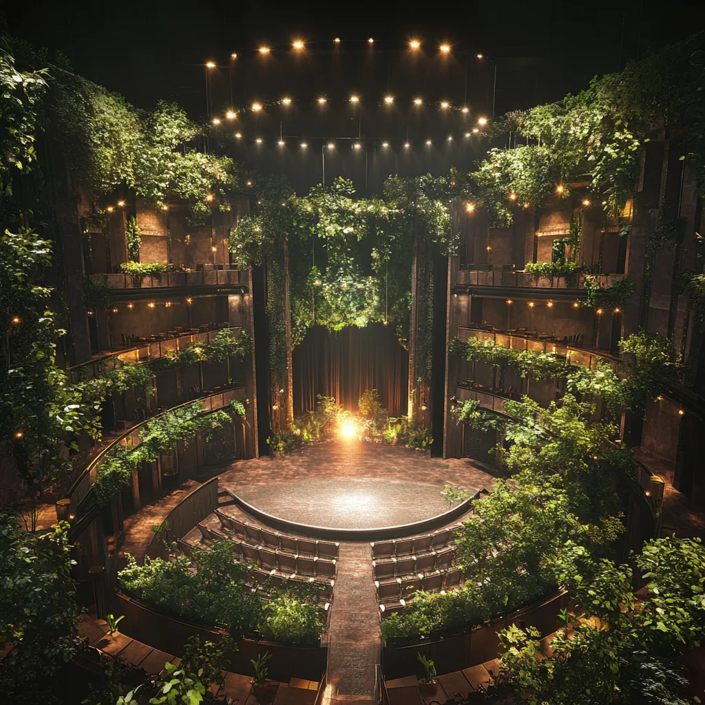 A breathtaking bird’s-eye view of a full theater, where greenery seamlessly integrates into every aspect of the venue. T