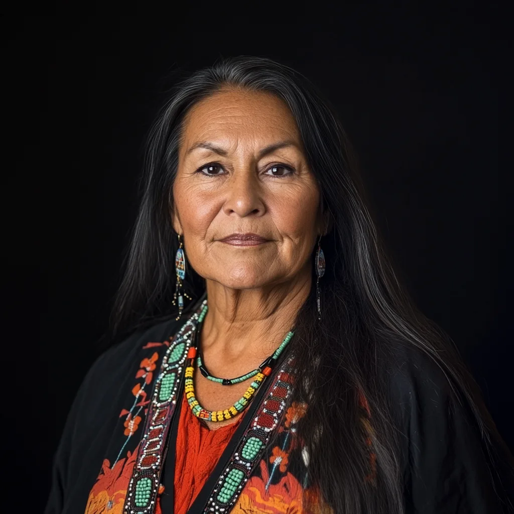 portrait, dark background, 52-year-old Native American woman, social worker, lives in a rural area, enjoys beadwork, lov