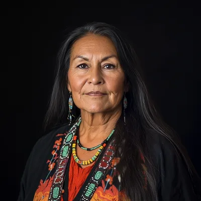 portrait, dark background, 52-year-old Native American woman, social worker, lives in a rural area, enjoys beadwork, lov